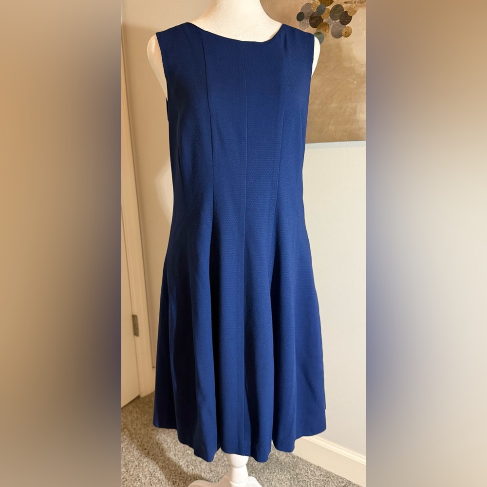 THEORY Women’s Blue Sleeveless Fit and Flare Pleated Stretch Wool Blend Dress 8